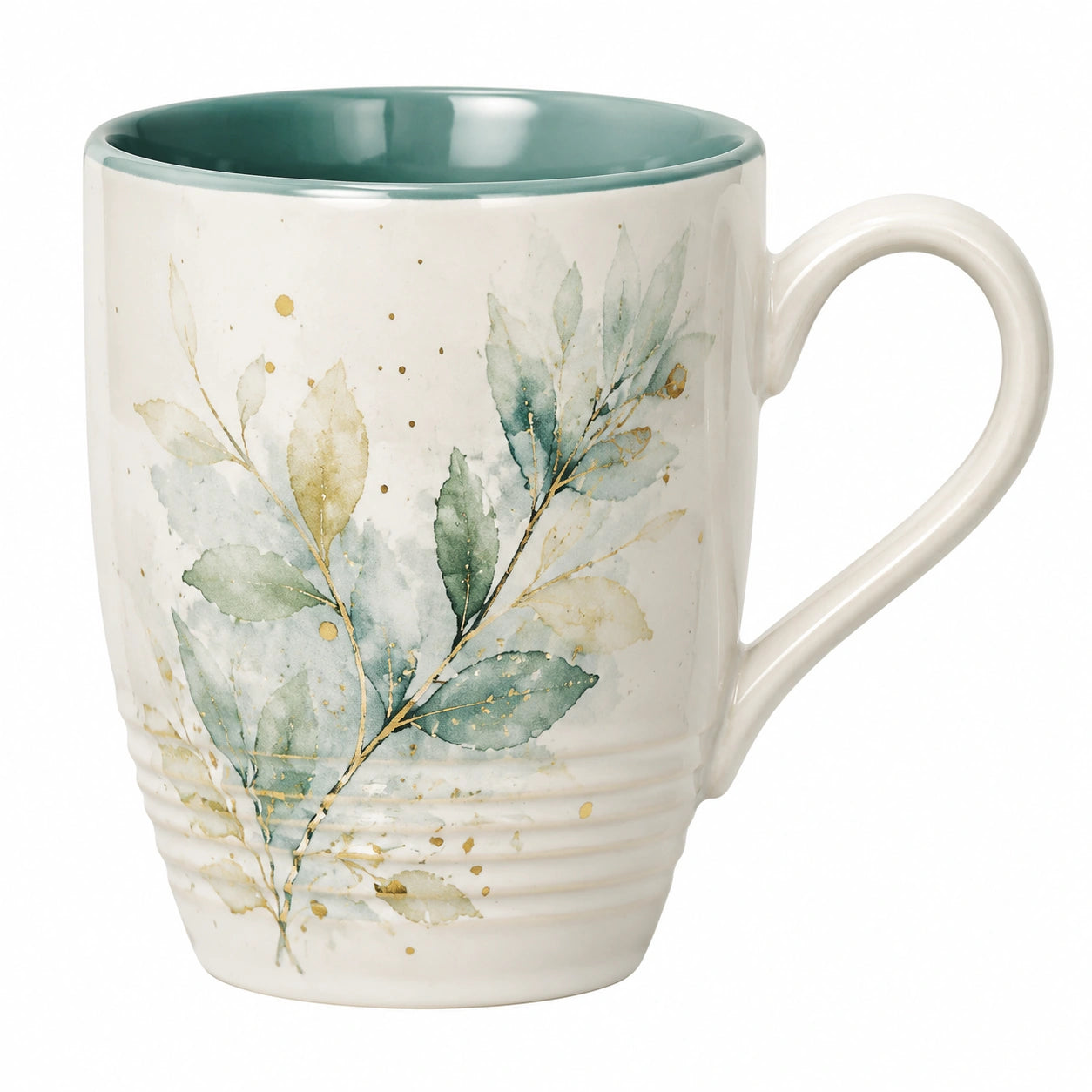 Kaffeetasse 350ml mit Blätterdesign in Creme/Türkis