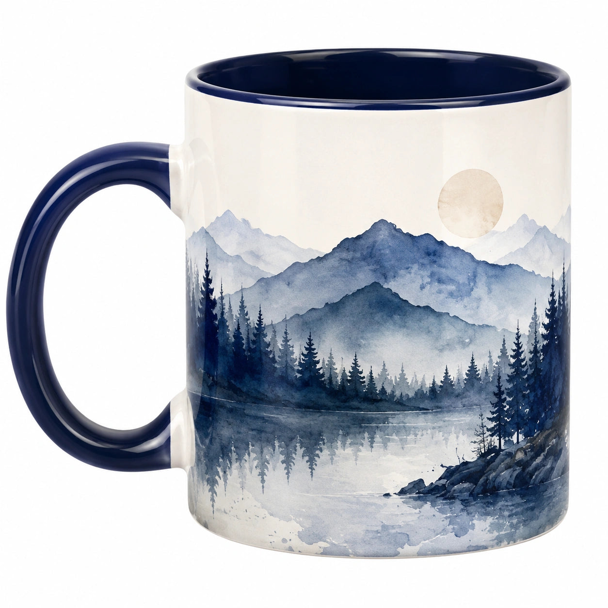 Keramiktasse mit Landschaftsmotiv, 350ml, Blau/Weiß