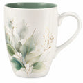 Eleganter Keramikbecher mit Blätterdesign, Grün/Weiß, 300ml