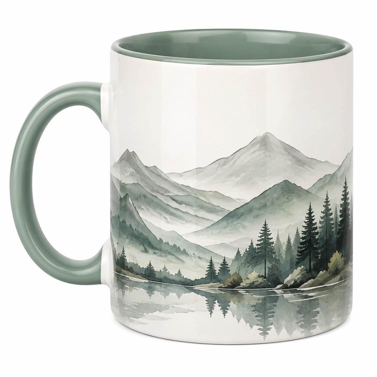 Keramiktasse mit Berglandschaftsmotiv, Grün/Weiß, 350ml