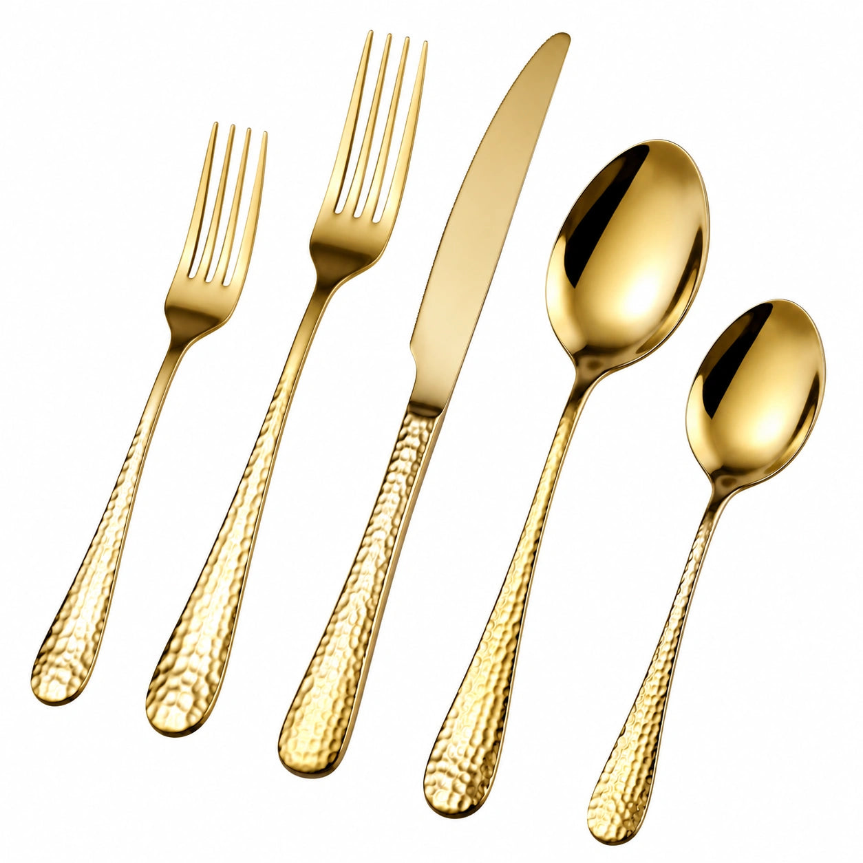 Luxuriöses goldfarbenes Besteckset mit gehämmerter Oberfläche