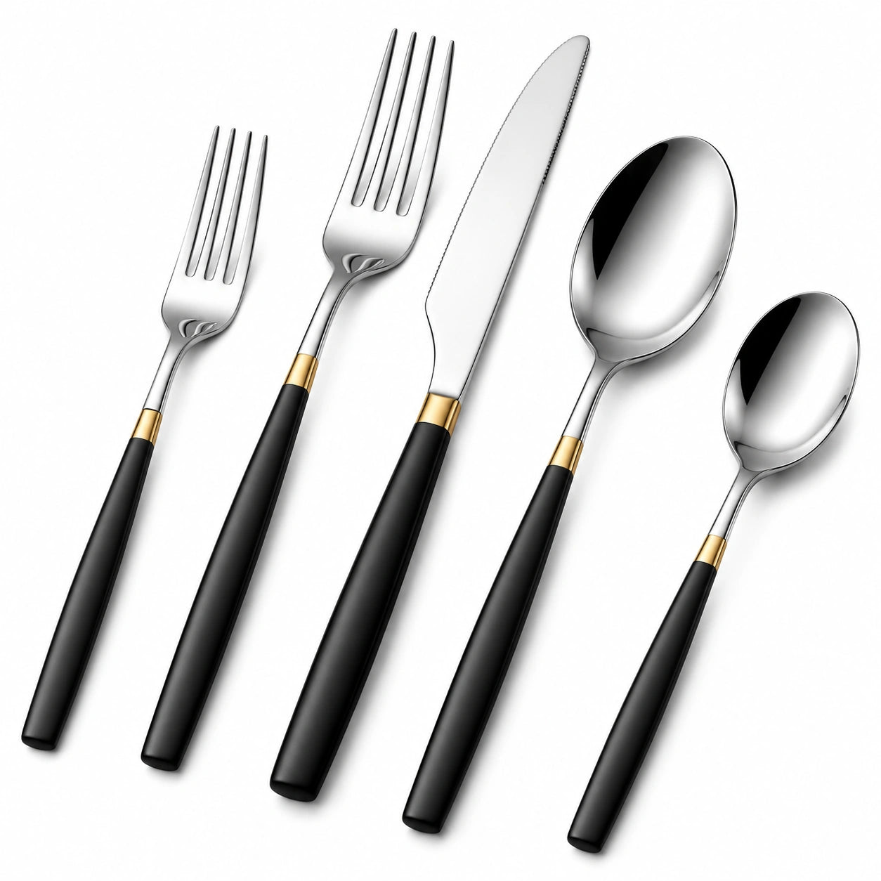 5-teiliges Besteckset Schwarz und Gold Akzente