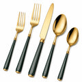 Goldenes 5-teiliges Besteckset mit schwarzen Griffen