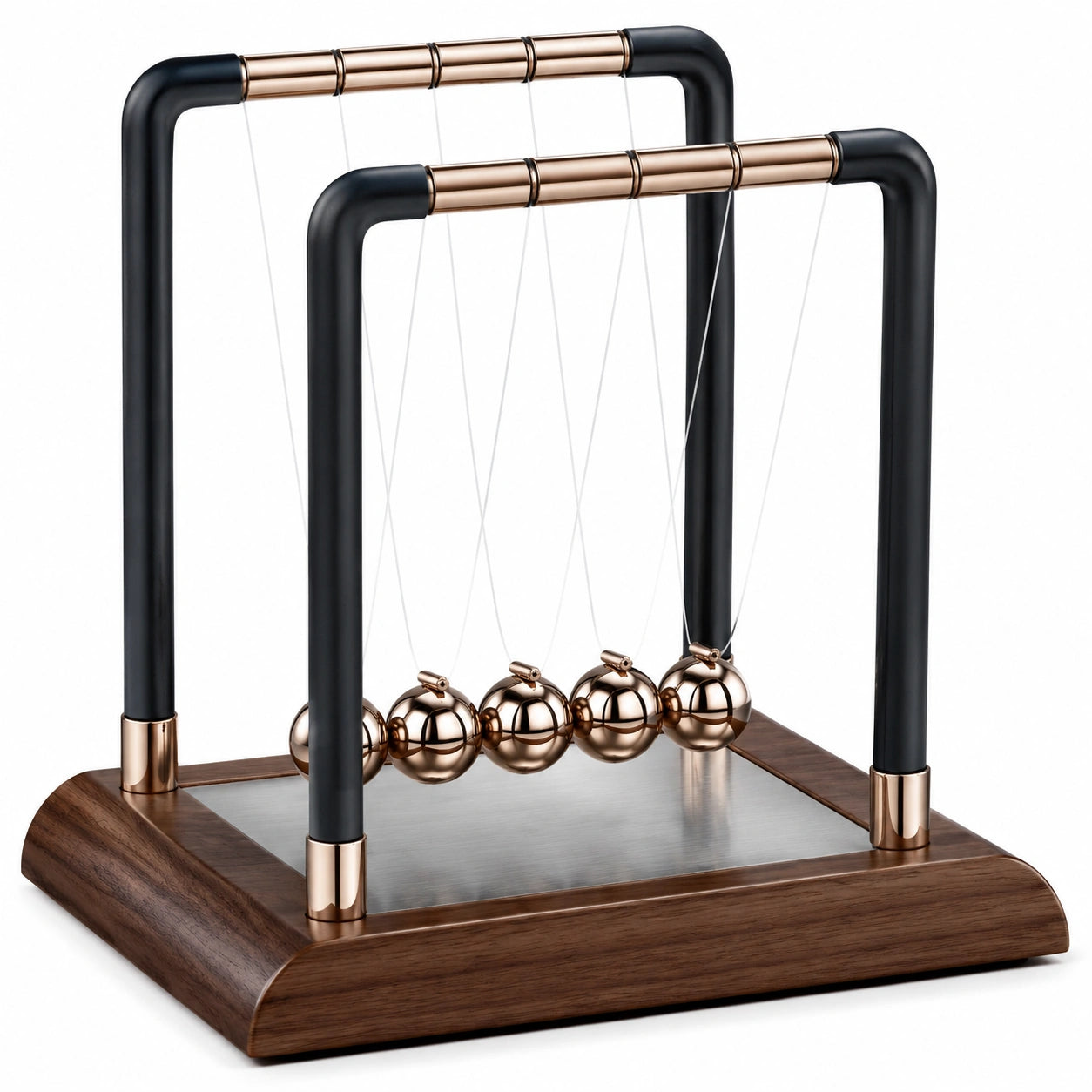 Newton Pendel mit Holzsockel in Schwarz und Bronze