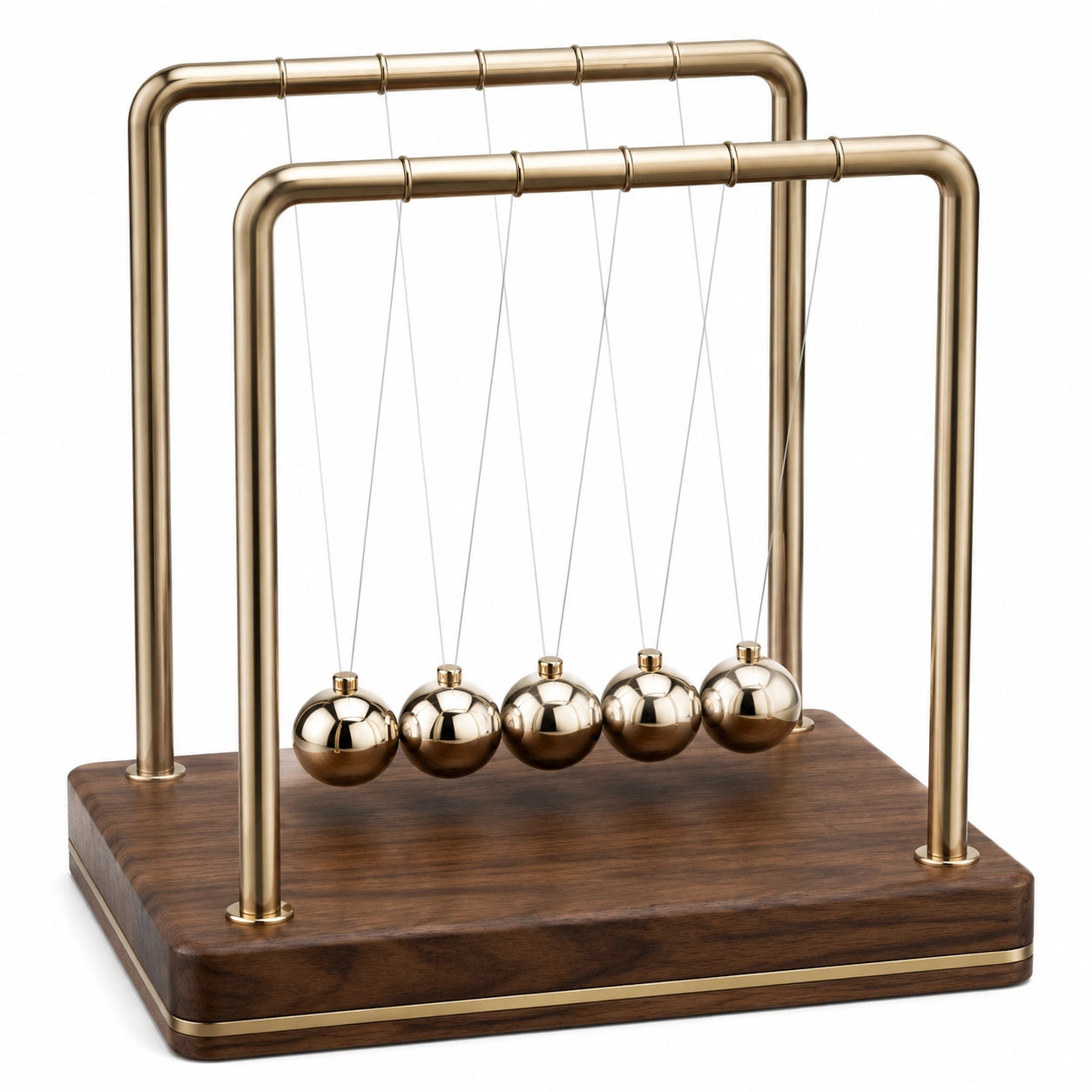 Newtons Pendel Kugelstoßpendel mit Holzsockel in Gold