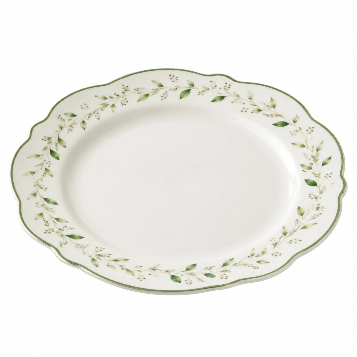 Runder Porzellanteller mit Blattdekor, Weiß/Grün, 27 cm