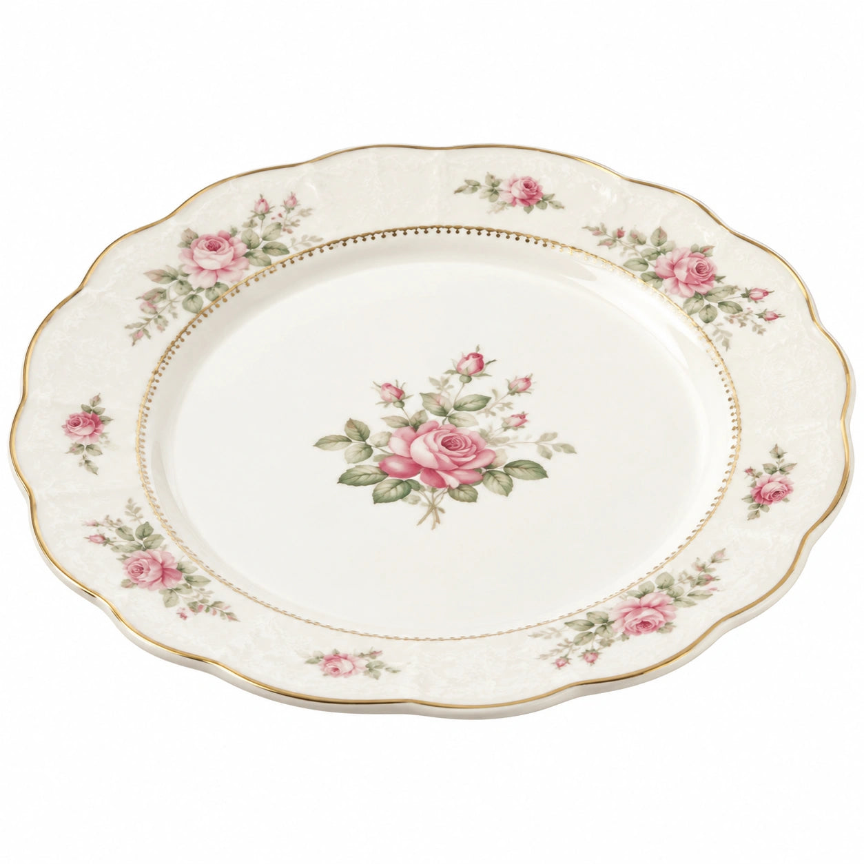 Runder Porzellanteller mit Rosenmuster, Weiß/Gold/Rosa/Grün