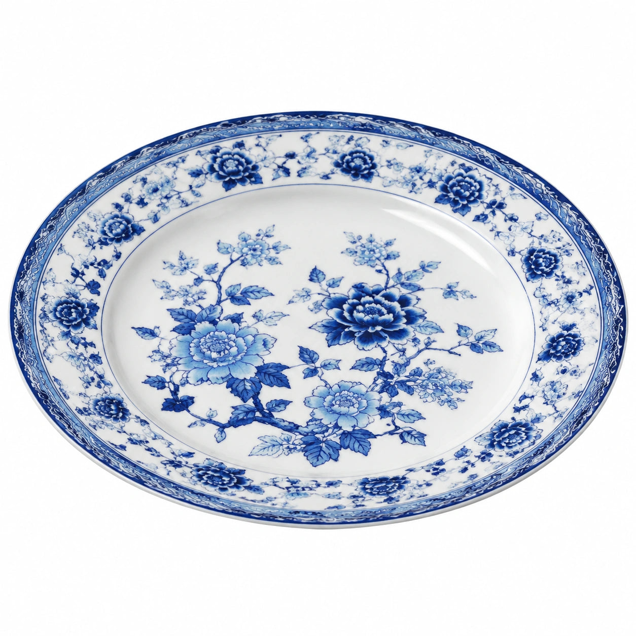 Runder Essteller mit blau-weißem Blumenmuster, 30 cm