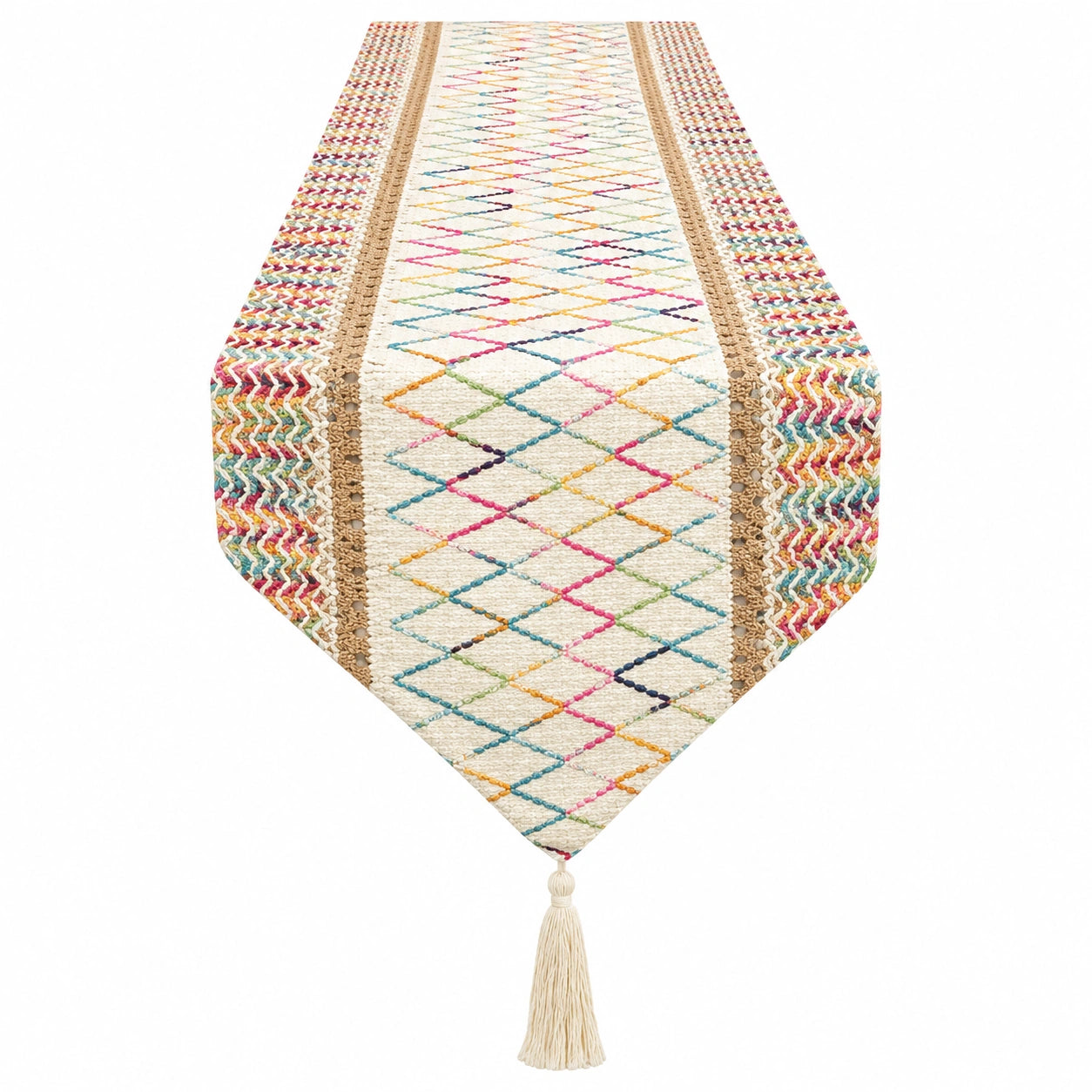 Mehrfarbiger Tischläufer mit Quasten und geometrischem Muster 180x33cm