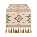 Gewebter Tischläufer mit geometrischem Muster und Quasten - Beige/Grün/Rot/Orange