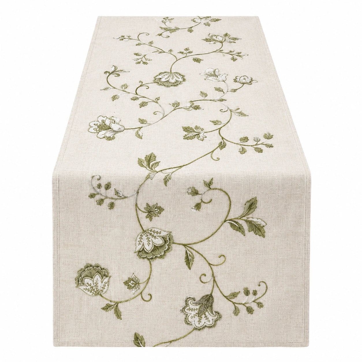 Eleganter bestickter Tischläufer mit floralem Muster in Beige-Grün, 180x40 cm